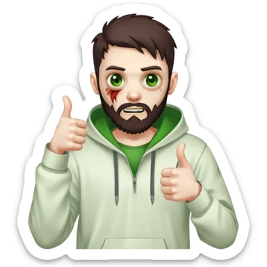 zombie with thumbs up gesture, undercut hairstyle with dark brown hair, short full beard, heterochromia with one green eye and one brown eye, wearing plain white hoodie sticker