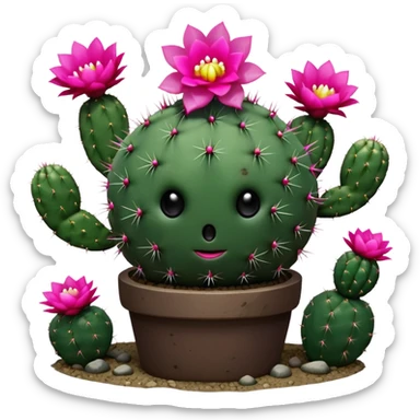 Cactus is a spherical dark green cactus with several white spikes protruding out of its surface, it has 2 eyes with huge pupils and highlights above it is a bright pink flower. Behind the Cactus is a stem holding a smaller cactus base appearing as a catapult sticker