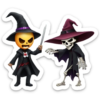 A vampire with a witch hat fighting a skeleton sticker