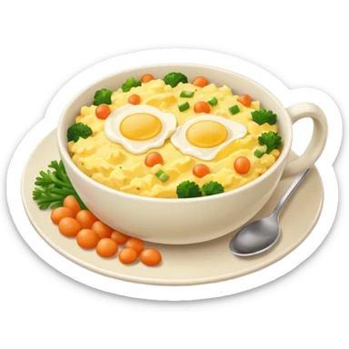 plate with scrambled eggs and veggies,  on the side coffee in cute mug sticker