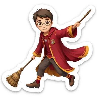 Cartoon-style illustration of Harry Potter flying on a broomstick, Gryffindor red and gold outfit, expressive face, dynamic motion, magical vibe, smooth shading, vibrant colors, no background, transparent background, isolated character. sticker