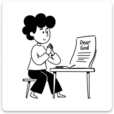 Person with prayer hands next to a paper that clearly shows "Dear God" written at the top of an essay sticker