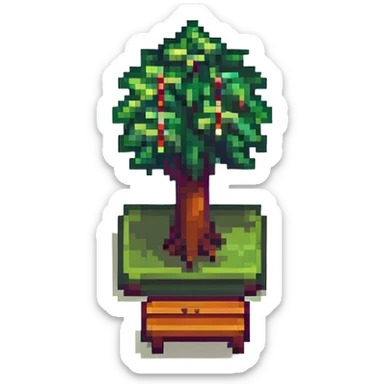 tiny simple city park icon with tree and bench, modern colors, minimal details, small size sticker