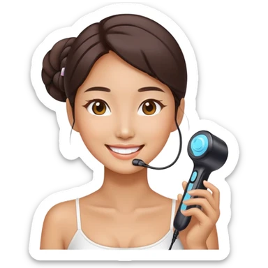 smiling Korean woman doing skincare with beauty device, emoji style sticker