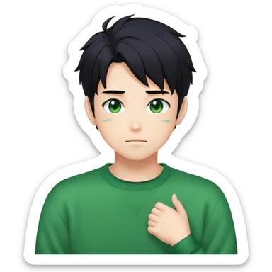 Gorgeous green sweater black hair anime style shojo guy with blushing face and gamer, aesthetic, trending style outside  sticker