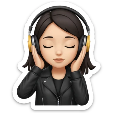 Girl with dark hair, wearing a black leather coat, wearing headphones, her hands are on her ears, and her eyes are close sticker