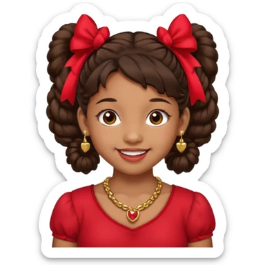 Brownskin girl dark brown hair fluffy. pigtails with red bows brown eyes smiling closed mouth red shirt gold esrrings gold necklace sticker
