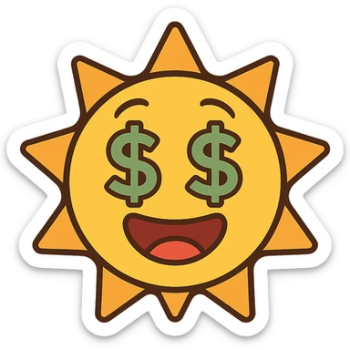 bright shining sun emoji with dollar signs, flat modern style, bright saturated colors with greens, golds, reds, yellows, minimal but expressive, universal look sticker
