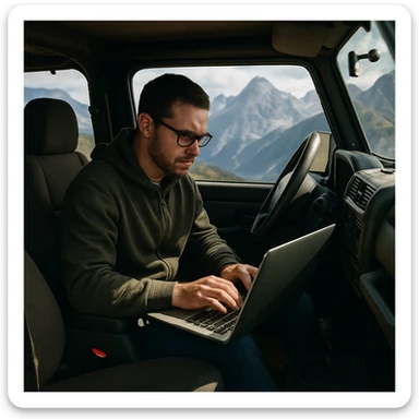 A determined IT professional with glasses, working on a computer inside a rugged jeep, with mountain peaks in the background, capturing the spirit of hard work during a mountain getaway. sticker