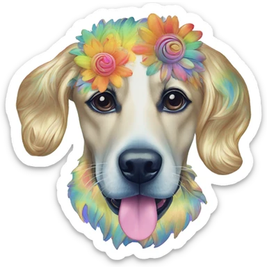 Multicolored rainbow retro groovy tie dye hippie trippy floral patterns on a metallic holographic iridescent blue dog face head unicorn sticker