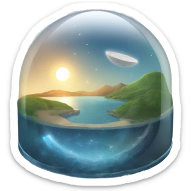 Semi circular glass dome with the sun and moon inside and land and water on the bottom sticker