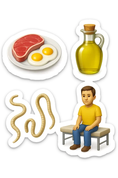 emoji stile iphone di UN PIATTO CON CARNE ROSSA E UOVA, UNA BOTTIGLIA DI OLIO DI SEMI, DUE PARASSITI TIPO LA TENIA, UOMO SEDUTO SU UN LETTINO DA FISIOTERAPISTA, IPERREALISTICO 4K sticker
