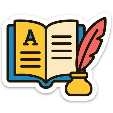 the first page of a book, open, with a quill pen nearby, elegant and classic look sticker