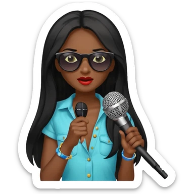 dark long haired woman with summer clothes and sun glasses holding microphone sticker