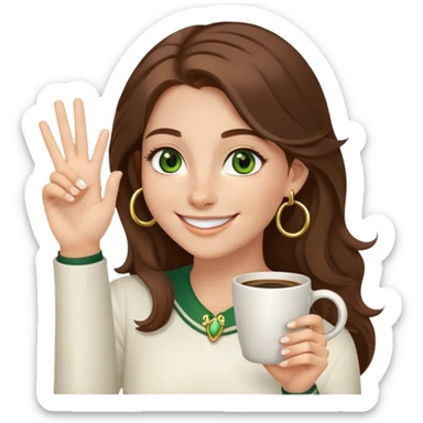 Long, Brown haired girl with middle hair part, green eyes, gold hoop nose ring, smiling, waving with one hand, coffee mug in the other sticker