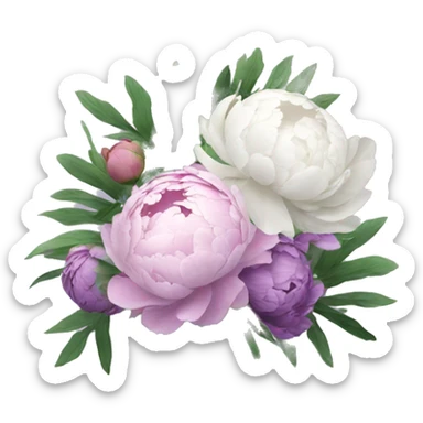 Bouquet with pink, purple and white peonies, with green wild foliage sticker