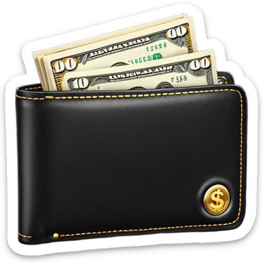 Rich emoji style black leather wallet with dollar bills, luxury money vibe, premium 3D emoji, ultra clean, high detail, no background sticker