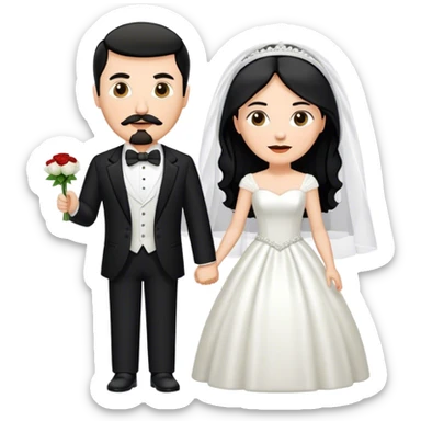 couple, a white woman with long black hair, and a white man with short brown hair goatee mustache, wedding sticker