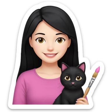 Painting women. smilling   Long black hair,  lunette peinture top pink, pinceau with is black cat  sticker