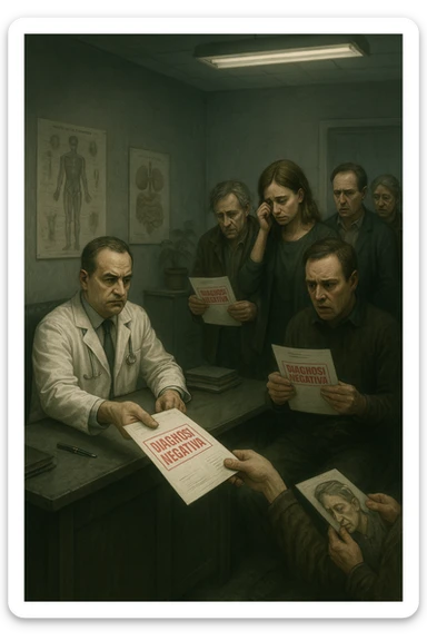 A realistic, cinematic illustration set in a dull, grey-toned medical office. A middle-aged male doctor in a white coat with a stern, cold expression is seated at his desk, handing out medical reports with large red ‘Negative Diagnosis’ stamps to each patient in line. The patients, of various ages and appearances, stand in a line, each looking increasingly sad, defeated, and demoralized as they receive their papers, with slumped shoulders and empty gazes. One young woman wipes away a tear, while a man stares at the paper in shock. The background shows medical posters, a faded plant, and harsh fluorescent lighting, emphasizing the cold, mechanical environment. The mood is heavy, illustrating how negative diagnoses delivered without empatia can deeply affect the mental health and morale of patients. The style is realistic, with subtle filmic grain, emphasizing emotional impact and the weight of medical words on people’s lives. in italiano sticker