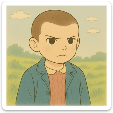 Create a version of Eleven with shaved hair, serious expression, simple and delicate line art as in the reference drawing, colored in pastel tones, with thin and dark outlines. Style: Ghibli. Format 1:1. sticker