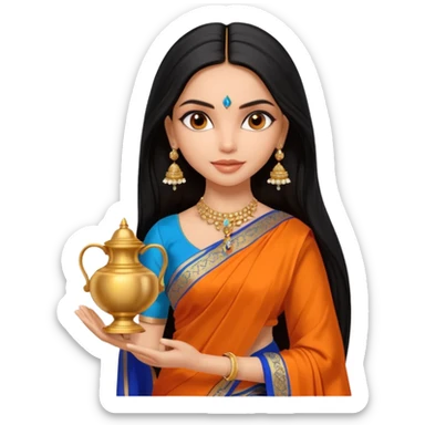 generate a pretty bratz Deepika Padukone with long black hair middle parted.
Wearing an orange saree with a blue blouse, golden jhumkas
SHe shoudl look like deepika padukone. dark brown eyes and carrying an urn sticker