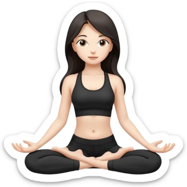 Девушка белокожая, с длинными темными волосами, в черной одежде для йоги, стоит в позе лотоса, в стиле бимбо пилатес, правильные пропорции, только человек sticker