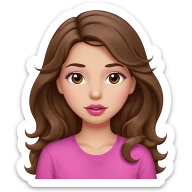 girl with long wavy brown hair, brown eyes, light to medium complexion, in a pink shirt, pink lips, long lashes, puckering lips kissing, winking sticker