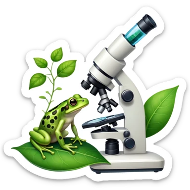 An icon featuring a DNA strand, a microscope with visible cells, and a green leaf, symbolizing biology. The design includes animal cells, plant structures, and a frog, representing the study of living organisms and ecosystems. Transparent background highlights life sciences and biological research. sticker