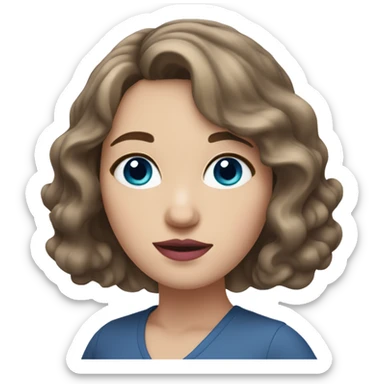 A white woman with wavy medium brown shoulder-length hair, pink lips, and blue eyes, on a white background sticker