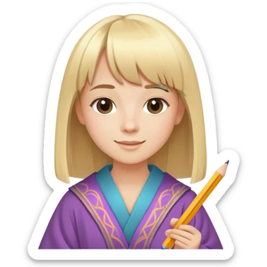 young happy artist with straight blonde hair and bangs, with pencil ad paper and colorated robe sticker