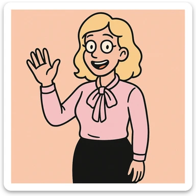 A woman light yellow hair Sky pink Flavia Pussy Bow Blouse Black Numana Straight Skirt a hand say hello sticker