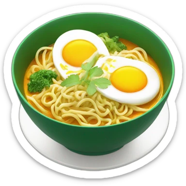 a green bowl of curry noodle with egg sticker