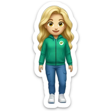 Een meisje met blond haar een groene trui en een blauwe cargo broek en witte nike sticker