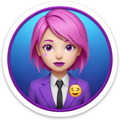 Cute 3D emoji-style girl sexy character with pink hair and purple eyes, inside a circular badge. No hands, no pose. Clean purple suit with a glowing neon-blue ‘C’ logo on the chest, small lightning accent. Smooth Apple-style lighting, friendly expression sticker