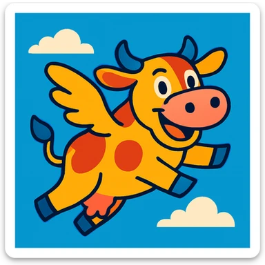 a flying cow, vibrant cartoon style, blue sky background sticker
