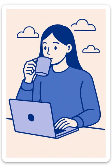 young 20-year-old woman with long straight brown hair, wearing a sweater, drinking coffee and working on a laptop, flat minimalist style, white background sticker