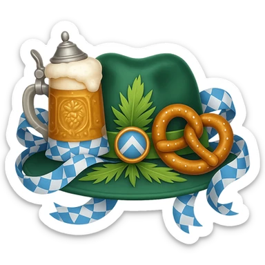 Add Oktoberfest props including a beer stein, pretzel, and blue-and-white decorations to the image. Keep the background transparent. The style should be consistent with the original image. sticker