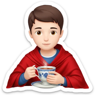 a European boy is sitting in a red blanket, drinking tea sticker