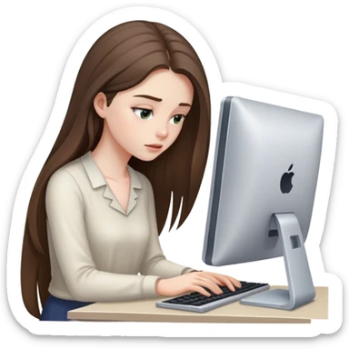 pale brunette girl with long hair working on computer eyes down sticker