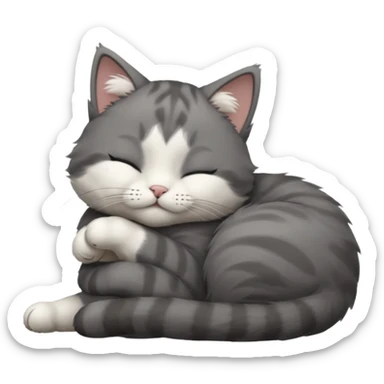 dark grey and white small cat with closed eyes, leaning his head on his paw while leaning on his elbow lying down sticker