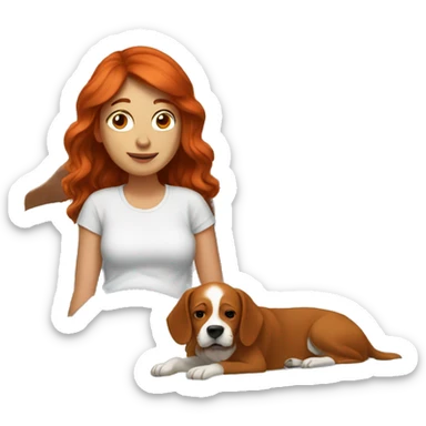 Red-haired girl in bed next to dog sticker
