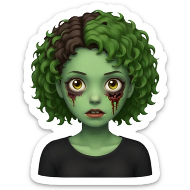 Zombie girl emoji verde com cabelo curto cacheado castanho no ombro com uma blusa preta sticker