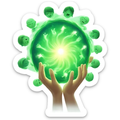 A soft, glowing wave of green energy emanating from the hands of a figure, flowing outward and gently lifting the spirits of surrounding characters with healing light. sticker