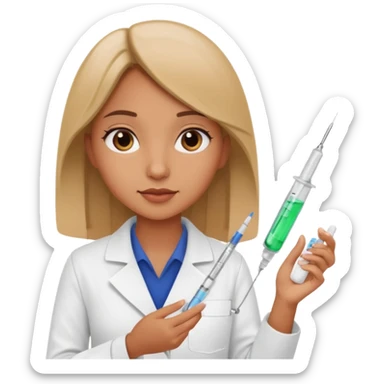 A tan girl, a pharmacist, has a medicine syringe in her hand sticker