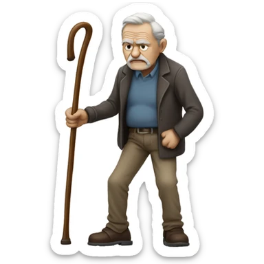 Old man leaning on a walking cane and holding his crancky back with his hand, grumpy face, detailed sticker