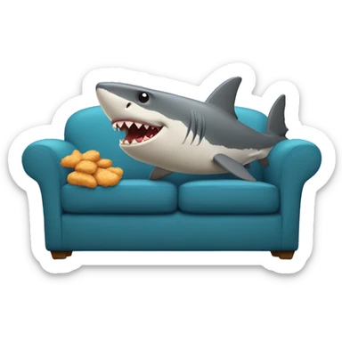 Buff shark eating chicken nuggets while sitting on a couch sticker