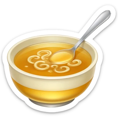 a bowl of golden broth, shiny, smooth, no spoon, simple, clear sticker
