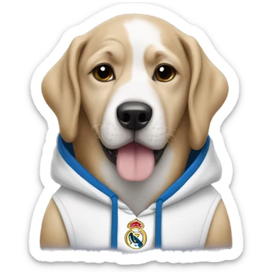 Dog wearing a Real Madrid hoodie sticker