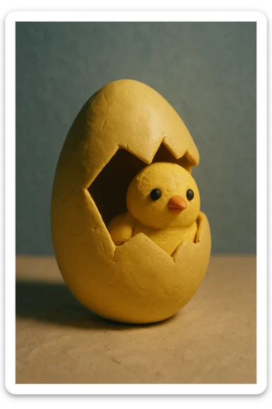 A golden egg in claymation style with a matte, plasticine texture, visible fingerprints, and pastel colors, with a small chick peeking out. sticker